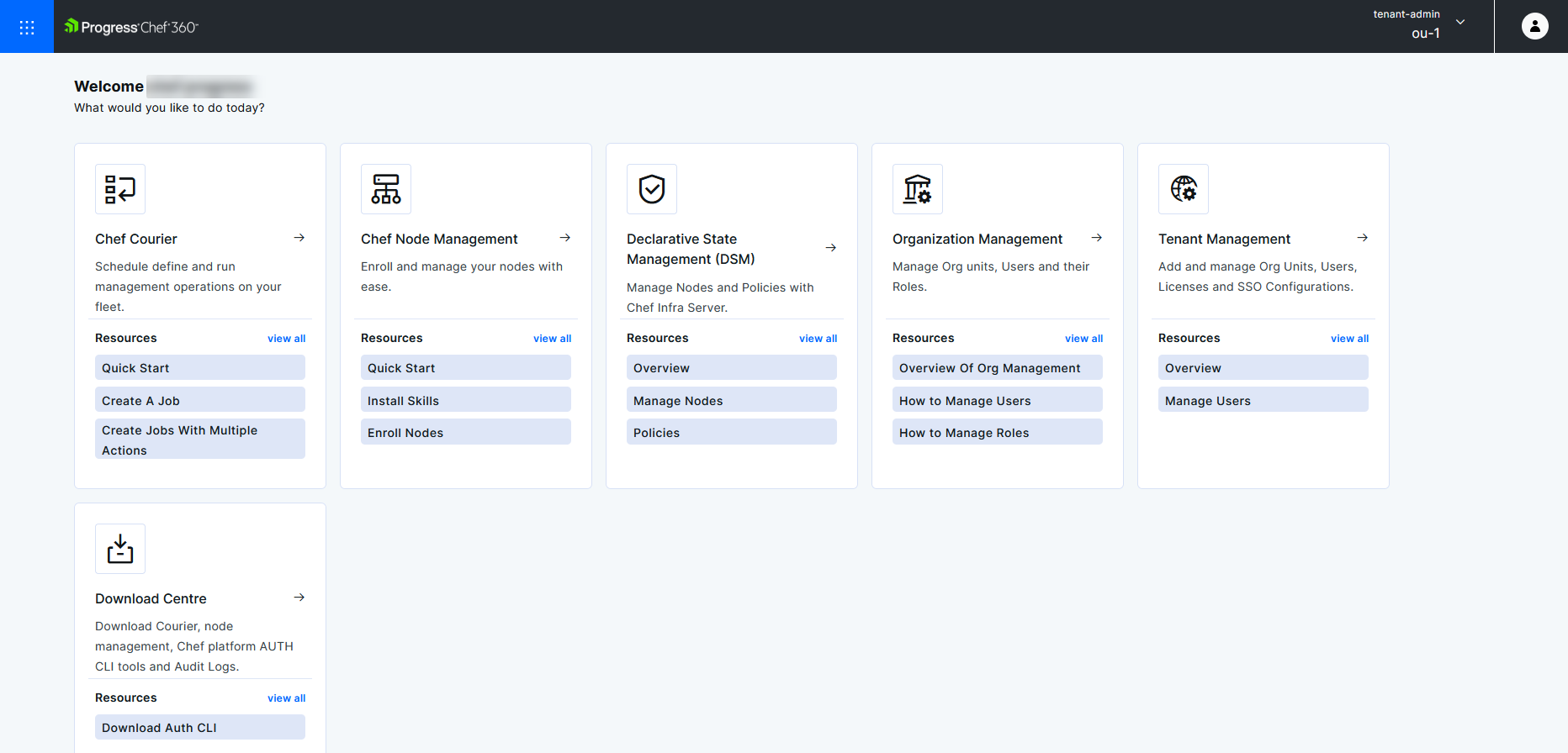 The Chef 360 Platform Hub welcome page displaying six feature area tiles in a grid, each with an icon, description, and quick-start resource links.