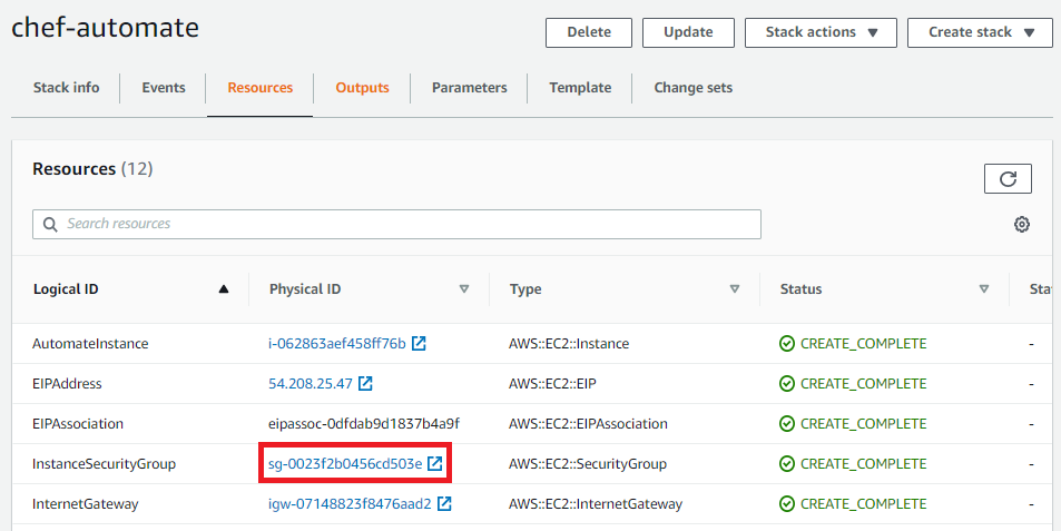 AWS CloudFormation Resources tab for the chef-automate stack with the InstanceSecurityGroup row highlighted.